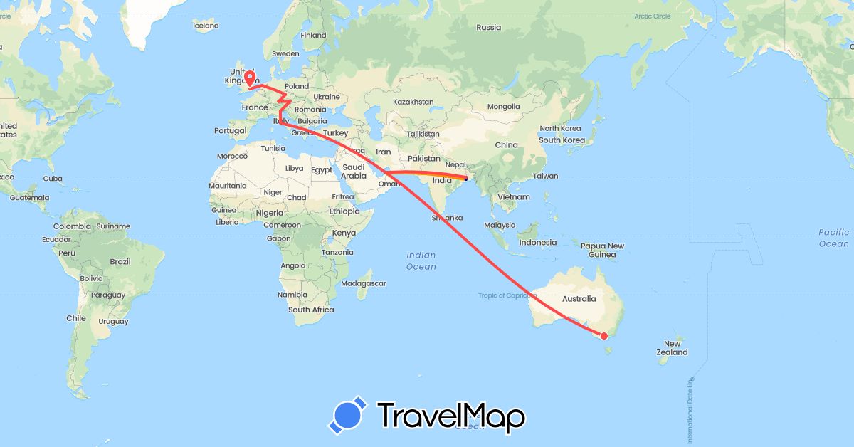 TravelMap itinerary: driving, hiking, hitchhiking in United Arab Emirates, Austria, Australia, Czech Republic, Germany, United Kingdom, India, Italy, Netherlands (Asia, Europe, Oceania)